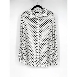 Tahari Women XL Polka Dot Button Down Blouse White Black Long Sleeve Viscose Top